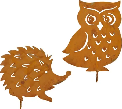 Produktbild von Gartenfiguren Eule & Igel, Rostoptik Metall als Gartendeko