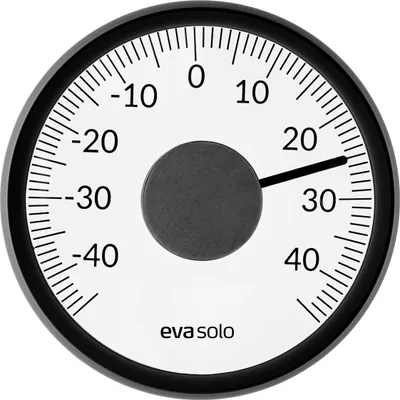 A close-up of a thermometer with a black frame and a white face showing temperature readings.