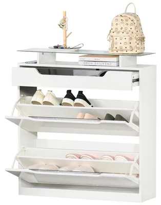 Productafbeelding van HOMCOM schoenenkast met 3 lades, schoenenrek, glazen plank, hoogglans + wit