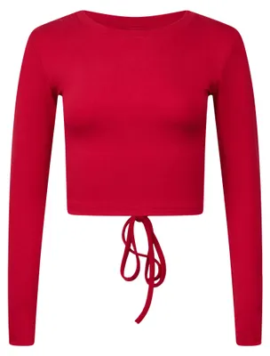 Produktbild von Rote Cropped-Bluse XXS mit Rundhalsausschnitt, langen Ärmeln und Kordelzug