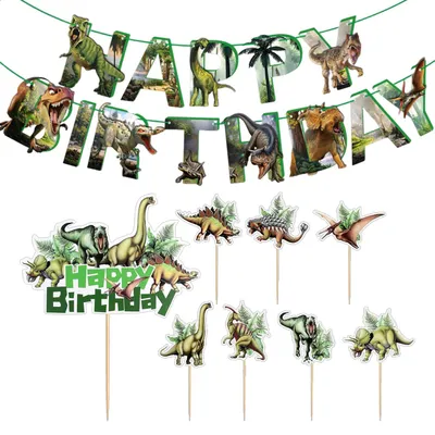 8 Dino Tortenaufleger + 1 Deko-Fähnchen, Party Deko für Kindergeburtstag