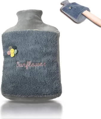 Produktbild von Wärmflasche 2.0L mit Deckel und Kuschelweichem Fellbezug, Kängurutasche - Auslaufsicher, Bettflasche mit weichem Abnehmbarem Bezug, ideal zur Schmerzlinderung(Sunflawer grau)