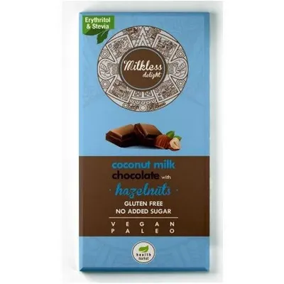 Produktbild von Milkless Delight Tafel Kokosmilch Schokolade mit Haselnuss 80g / ohne Zuckerzusatz  / vegan  / glutenfrei / paleo