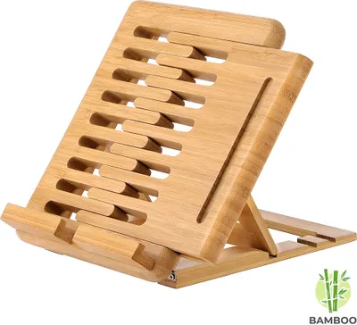 Produktbild von Luxus Kochbuchständer aus Bambusholz - Buchhalter für u.a. Tablet, Kochbuch (als Bücherstand in der Küche) oder Buch - Verstellbar & klappbar - Decopatent