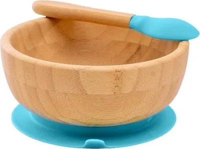 Image de Bavoir bleu pour bébé avec ventouse et cuillère en bambou