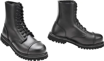 Two black leather boots with laces and cap toes are shown against a white background.
