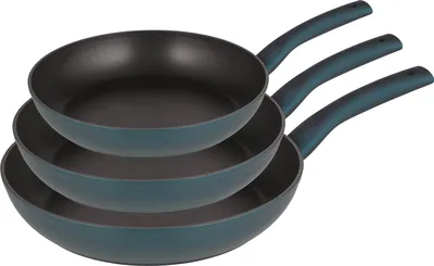 A set of three frying pans stacked on top of each other.
