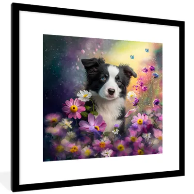 Produktbild von MuchoWow® Gerahmtes Poster Hund - Blumen - Natur - Welpe - Border Collie 40x40 cm - Poster mit Schwarzem Bilderrahmen Wandposter Rahmen Foto Bilder - Poster - Plakat im Rahmen