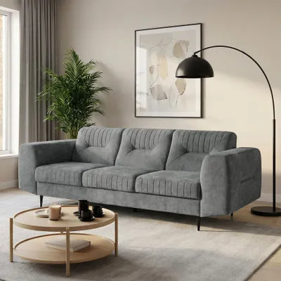 Obrázek produktu pro BEAUTYSOFA | Třímístná pohovka VENEZIA z chenille v barvě grafit – čalouněná pohovka s černými kovovými nohami, pohovka do obývacího pokoje, moderní pohovka bez spací funkce