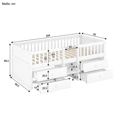 Produktbild von Kinderbett mit Schubladen und Lattenrost, 90x200 cm, Rausfallschutz, Holzbett, Jugendbett, Einzelbett, Kiefer