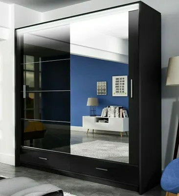Produktbild von Schwebetürenschrank MARSEILLE 203 cm mit Spiegel & Schublade – Kleiderschrank Hochglanz modern Schlafzimmer (Schwarz)