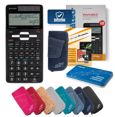 Produktbild von Sharp EL-W550TG Taschenrechner, Tasche dunkelblau, Schutzfolie, Buch & Zirkel Set