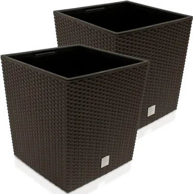 Image de 2x Bac à fleurs Marron 35 L aspect polyrotin Pot de fleurs avec poignée jardinière intérieur extérieur jardinière Cache-Pot