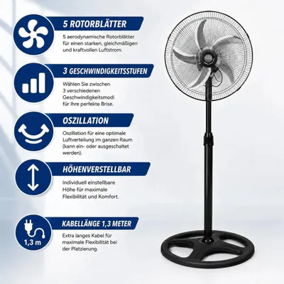 Produktbild von Metall Standventilator 5 Rotorblätter Ventilator Luftkühler Standlüfter 3 Stufen Oszillation Höhenverstellbar Robust 18" Zoll 45cm Schwarz