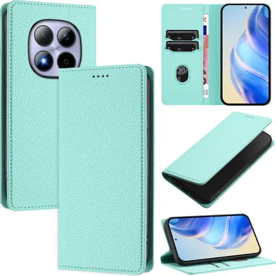 Produktbild von Litchi Leder Handyhülle für Xiaomi Redmi Note 15 Pro 4G Wallet Kartenfächer Standfunktion Hülle Türkis