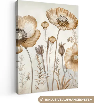 Produktbild von MuchoWow® - Leinwandbilder - Blumen - Beige - Natur - Illustration, Wandbild, Wanddeko Bilder Wohnzimmer, 90x120 cm