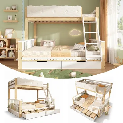 Immagine prodotto di Letto a castello in legno, disponibile nelle dimensioni 90x200 cm e 140x200 cm, nei colori bianco e noce, con due cassetti e un portariviste, ideale per la cameretta dei bambini