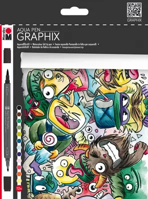 Productafbeelding van Marabu 014500000100 - Aqua pen graphix - Mega Mash - 12 aquarelviltstiften in set met briljante kleur - Dubbele punt