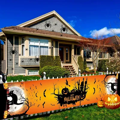 Produktbild von Happy Halloween Banner, Halloween Dekoration Banner, Lang Stoff Halloween Banner, Hängende Yard Banner Deko, Lange Halloween Hängende Hintergrund Banner, Halloween Party Banner für Garten Outdoor