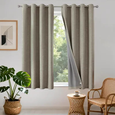 2er-Set Vorhänge Leinenoptik, blickdicht, mit Ösen, 132x158 cm
