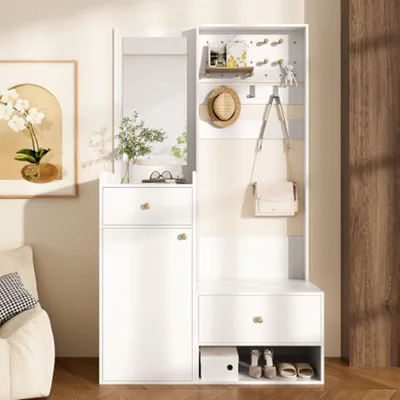 Produktbild von Kompaktgarderobe,Garderobenschränke Eingangsregal Aufbewahrung mit Spiegel, verstellbaren Haken und geräumigen Regalen 105 cm