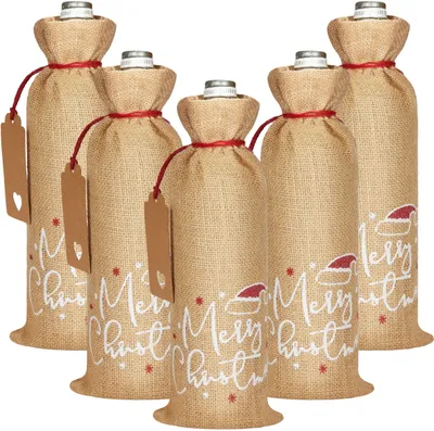 Produktbild von BRUBAKER Weinbeutel für Weihnachten - Merry Christmas - 36 cm x 17 cm Jutesack - Sack für Wein, Sekt - Frohe Weihnachten Flaschenbeutel, 5 Stück