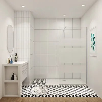 A modern bathroom with a walk-in shower, vanity, and patterned floor tiles.