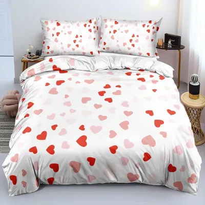 Immagine prodotto di Set di lenzuola matrimoniali 220x240 cm, per bambine, bianco, rosa, rosso, con motivo a cuori, 3 pezzi, in microfibra, con cerniera