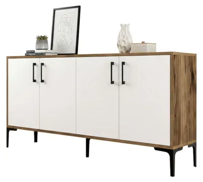 Produktbild von Kommode Sestante, Wohnzimmerbuffet, Wohnzimmer-Sideboard, Moderne Küchen-Speisekammer, 160x35h78 cm, Walnuss und Weiß