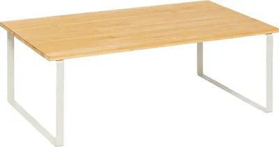 A simple, modern storage shelf with a bamboo top and white metal legs, presented against a plain white background.