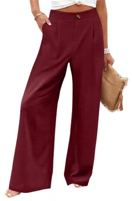 Produktbild von ASKSA Damen Weite Bein Hose Hohe Taille Leichte Sommerhose Palazzo Baggy Casual Freizeithose mit Taschen Weinrot M