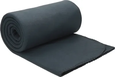 A rolled-up dark gray fleece blanket is shown on a white background.