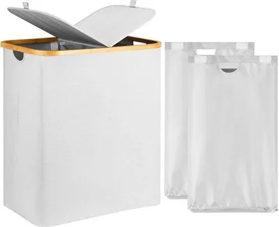 Image de Panier à linge Famanu avec couvercle, 140 litres, 2 compartiments, beige - Trieur de linge