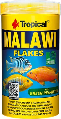 A product shot of a cylindrical container of Tropical Malawi Flakes fish food, featuring images of three cichlid fish.
