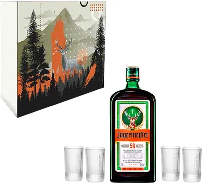 Produktbild von Jägermeister Geschenkset - Jägermeister Kräuterlikör 1L 35% Vol. + 4 Shotgläser weiß - [Enthält Sulfite]