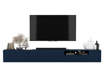 Zdjęcie produktu dla Szafka RTV Glamour Wisząca Komoda RTV Granatowy MAT 300 cm Ryflowane Fronty
