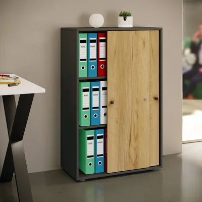 Produktbild von VCM Büroschrank mit 3 Fächern | moderner Aktenschrank mit Schiebetüren und Schloss | Maße ca. B. 70 x H. 111 x T. 40 cm – Lona 3-Fach abschließbar