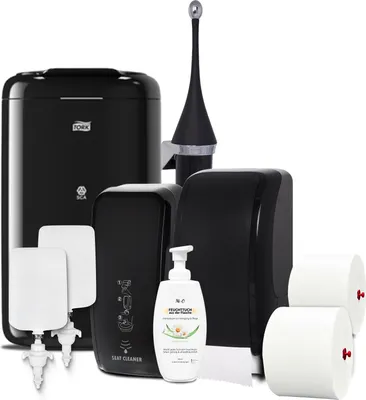 Produktbild von KOMPLETT-SET Damentoilette: Toilettenpapierspender + Sitzreinigung + Intimschaum + Hygienezubehör & Füllmittel : Farbe - Schwarz Farbe: Schwarz