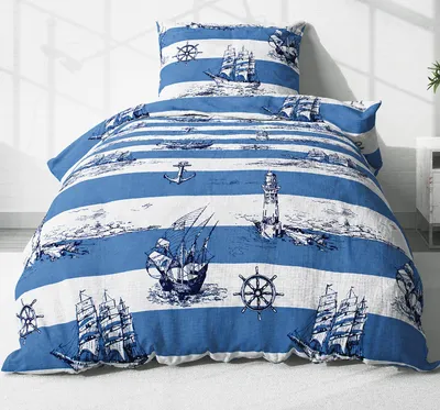 Produktbild von 2-teilige Seersucker Bettwäsche 135x200cm + 80x80cm - Leuchtturm, Maritime, Anker, Schiff in dunkelblau und weiß - Bettgarnitur, 100% Baumwolle, bügelfrei (BS-736-2)