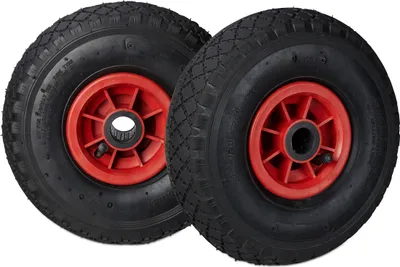 Produktbild von Relaxdays 2er Set Sackkarrenrad, 3.00-4, luftbereift, Ersatzrad mit Kunststofffelge, 260x85mm, Ø Achse 25mm, schwarz-rot