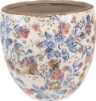 Image de Clayre & Eef Pot de fleurs Ø 13x11 cm Bleu Beige Céramique Fleurs