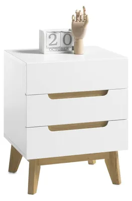 Produktbild von Nachtkonsole Nachtschrank weiß matt MDF Asteiche furniert Massiv Schublade 48 cm
