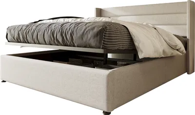 Produktbild von Stauraumbett Polsterbett Hydraulisch Doppelbett 160x200 cm, Holzlattenrost, Bett mit Lattenrost aus Metallrahmen, Leinenbezug, Beige