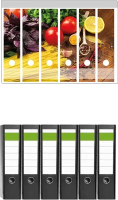 Produktbild von Wallario 6 Stück breite Ordner inkl. Klebeetiketten mit Motive Italienisches Menü mit Spaghetti, Tomaten, Basilikum und Gewürzen -  Set mit Rückenschildern / Ordnerrücken Stickern