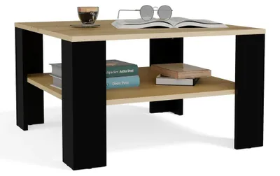 Image de Table basse avec étagère en dessous Table basse carrée en chêne artisanal noir pour un salon