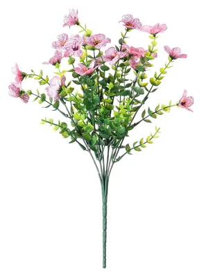 Produktbild von 5 künstliche violette Blüten mit grünen Blättern, 7-armiger Seidenblumenstiel, geeignet für Zuhause, Büro, Hochzeiten, Partys, drinnen und draußen, als Tischdekoration.