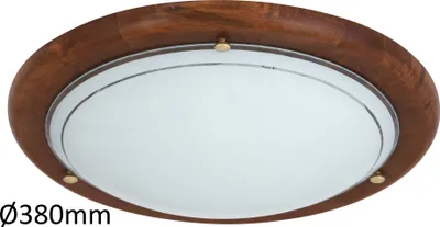 A flush mount ceiling light with a wooden frame and a frosted glass diffuser.