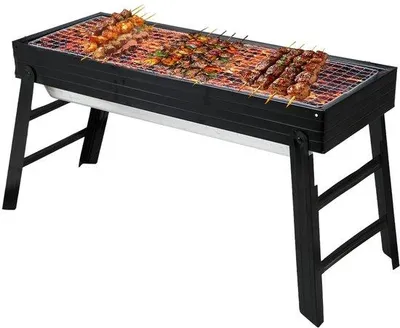 Produktbild von Unyqoos® Tragbarer, platzsparender Holzkohlegrill – faltbares Edelstahl-Design, Grillfläche 60 x 22 cm, zusammenklappbar 60 x 22 x 7 cm, für 5–7 Personen, Outdoor