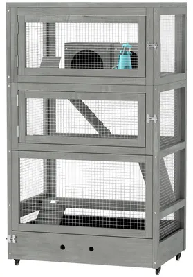 Obrázek produktu pro Dřevěná klec pro křečky se 4 vrstvami, vhodná pro křečky trpasličí. Barva: šedá. Rozměry: 65x45x109 cm