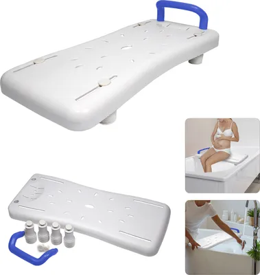 A collage of images showing a white bathtub board with a blue handle, its components, and people using it in a bathtub.